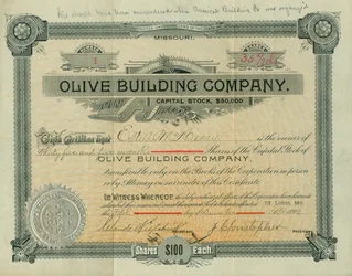 Olive Street Building Company aandeelcertificaat uitgegeven aan Estill M. Henry, 5 december 1892
